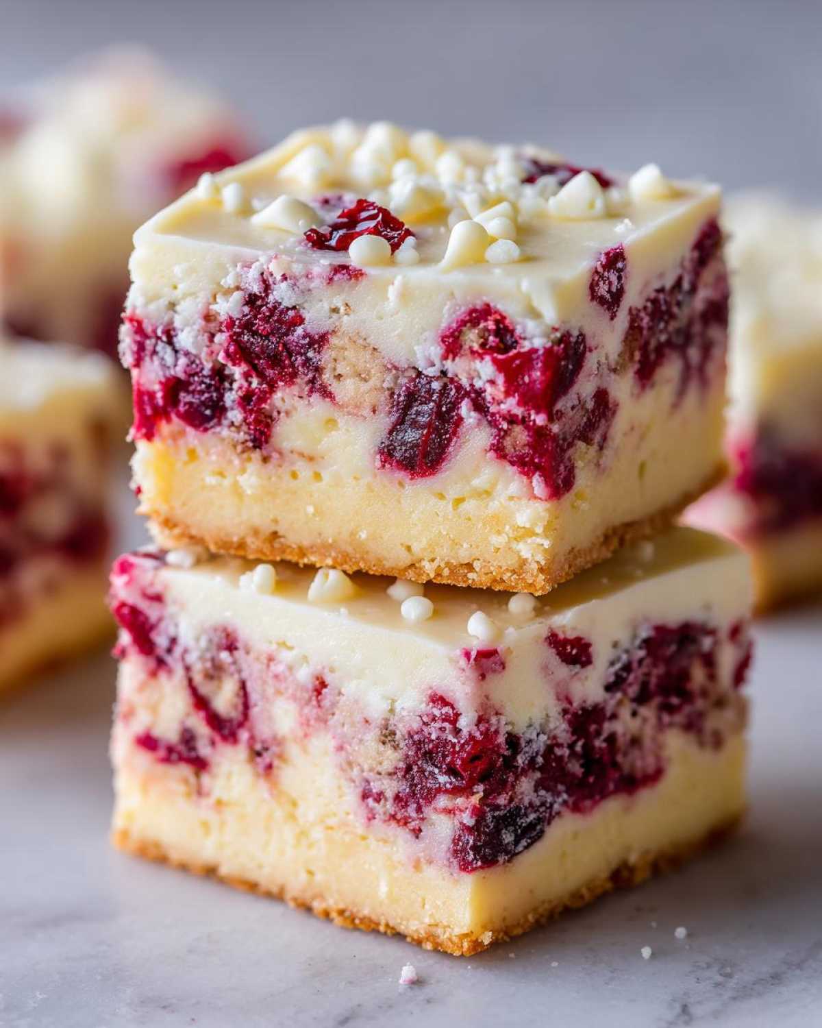 Two stacked squares of rich cranberry bliss bars featuring a thick layer of white chocolate topping and visible cranberries.