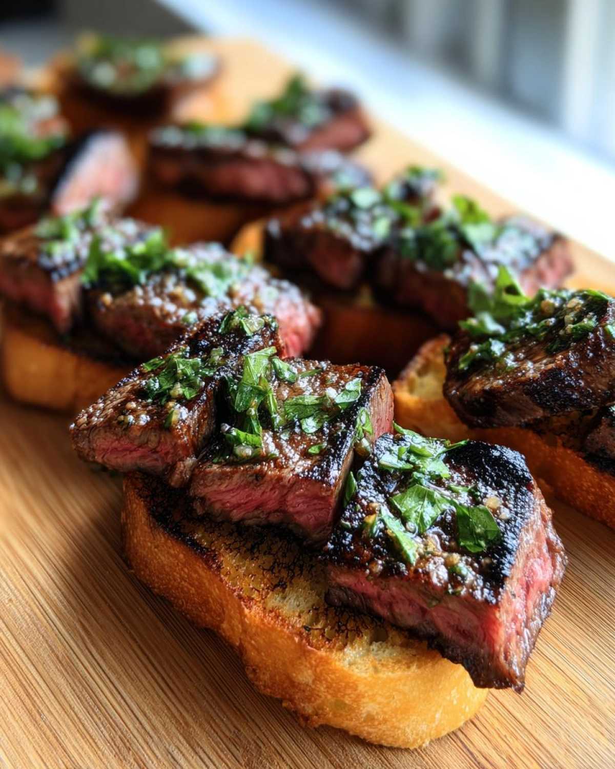 Close-up of several steak crostini appetizers featuring medium-rare steak slices topped with herbs on toasted bread.