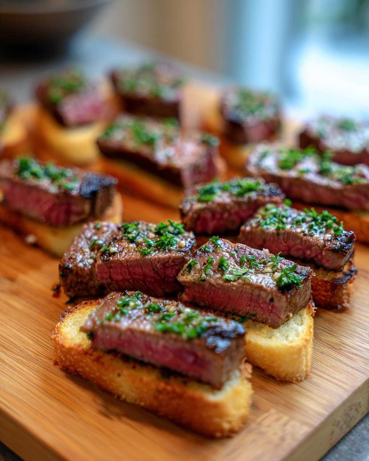 Close-up of several perfectly cooked steak crostini appetizers, featuring medium-rare steak topped with herbs, arranged on a wooden board.