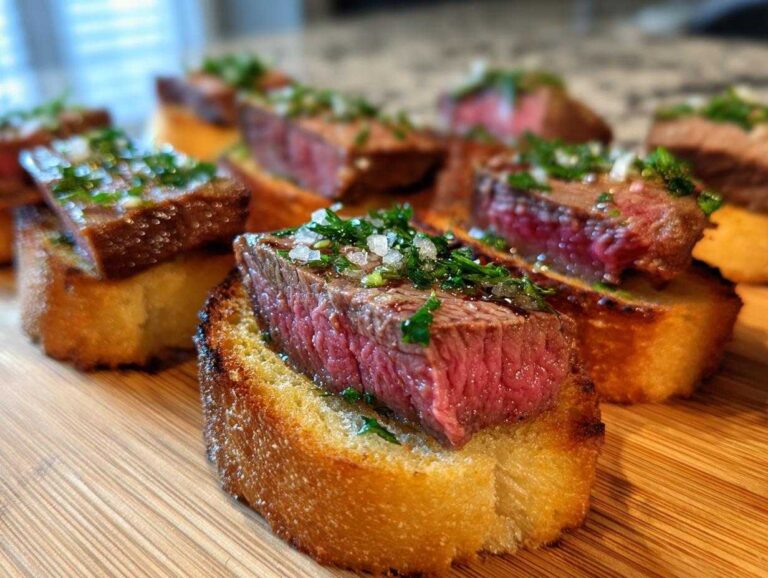 Shocking 10-min steak crostini secret Close-up of several steak crostini appetizers featuring medium-rare steak slices topped with herbs and sea salt on toasted bread.