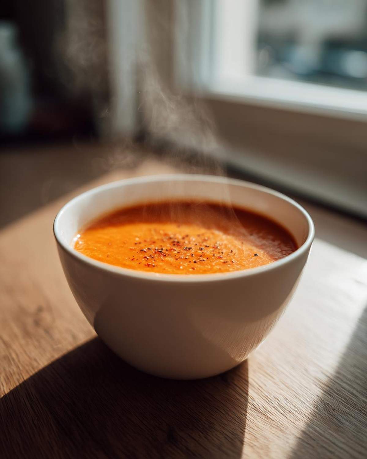 A close-up of a steaming white bowl filled with bright orange carrot ginger soup, garnished with pepper.