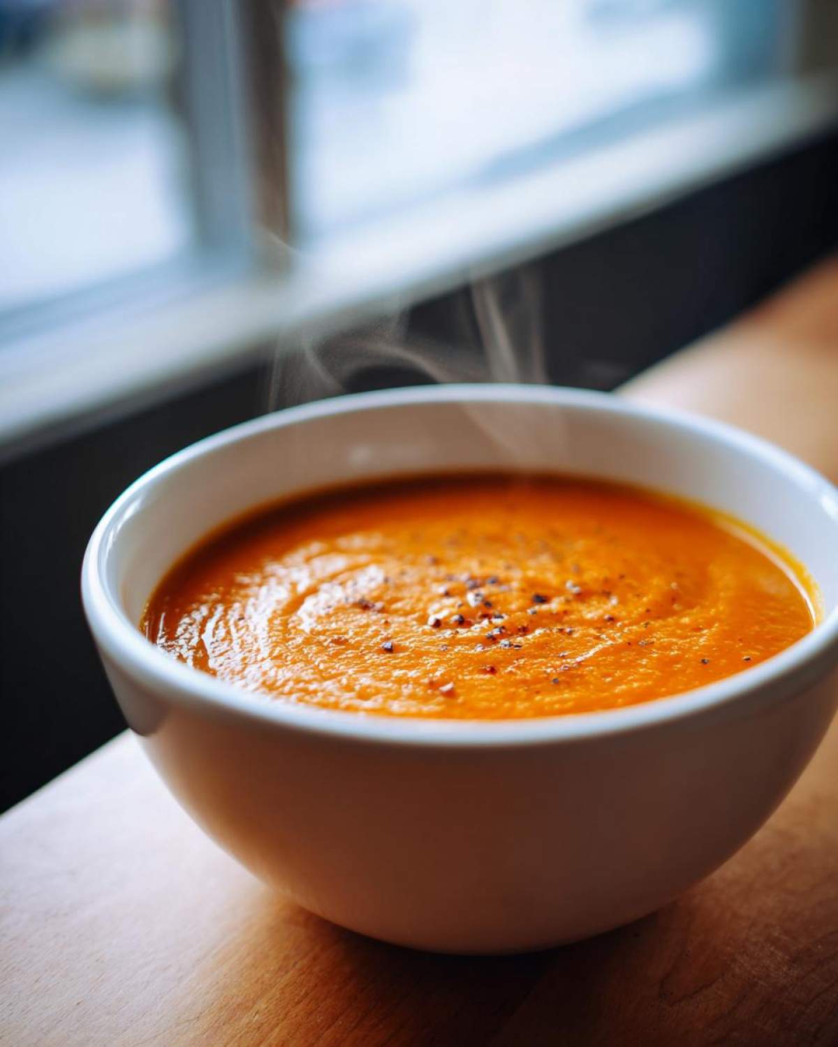 Close-up of a steaming white bowl filled with vibrant orange carrot ginger soup, garnished with pepper.