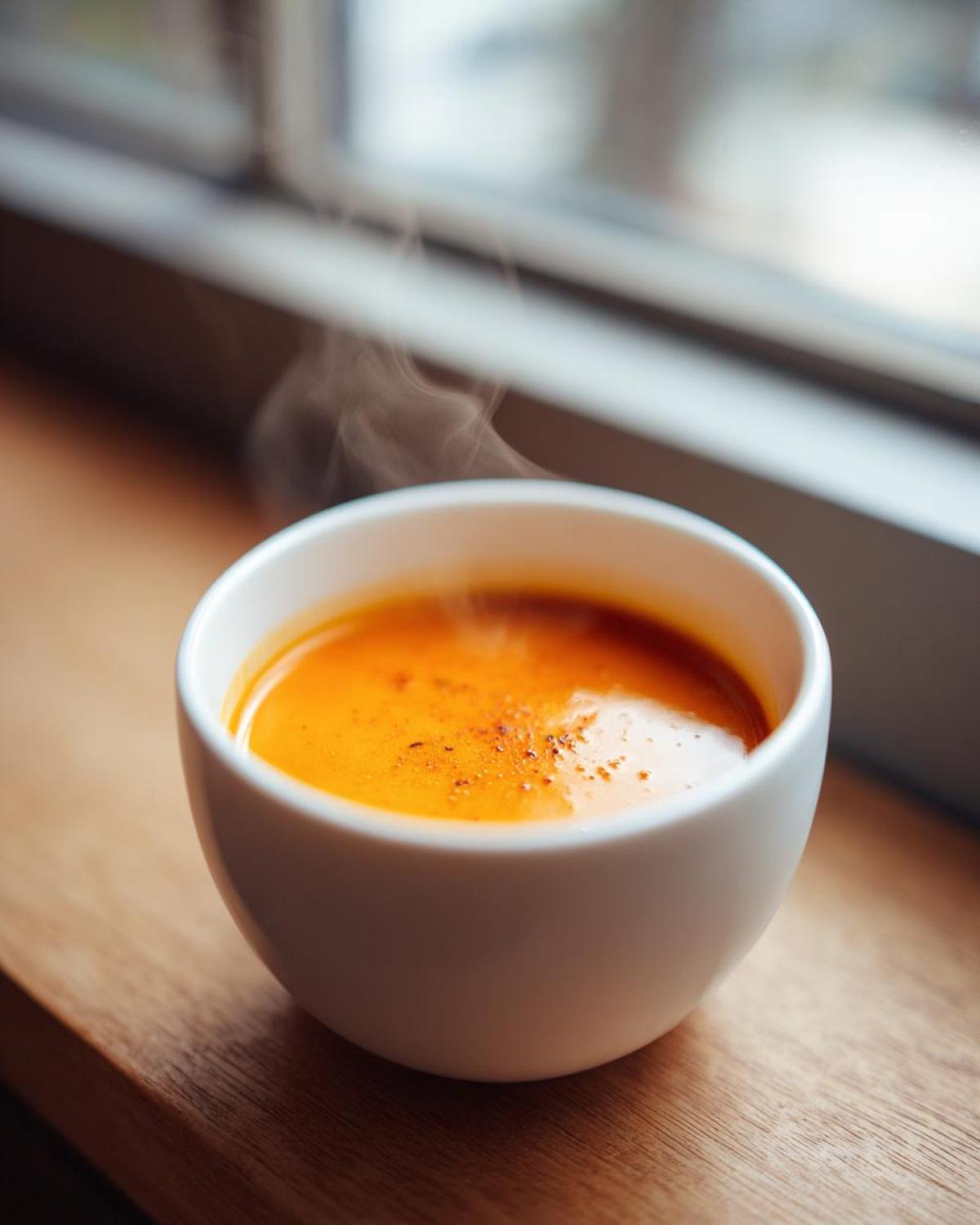 A close-up of a steaming white bowl filled with vibrant orange carrot ginger soup, set on a wooden surface near a window.
