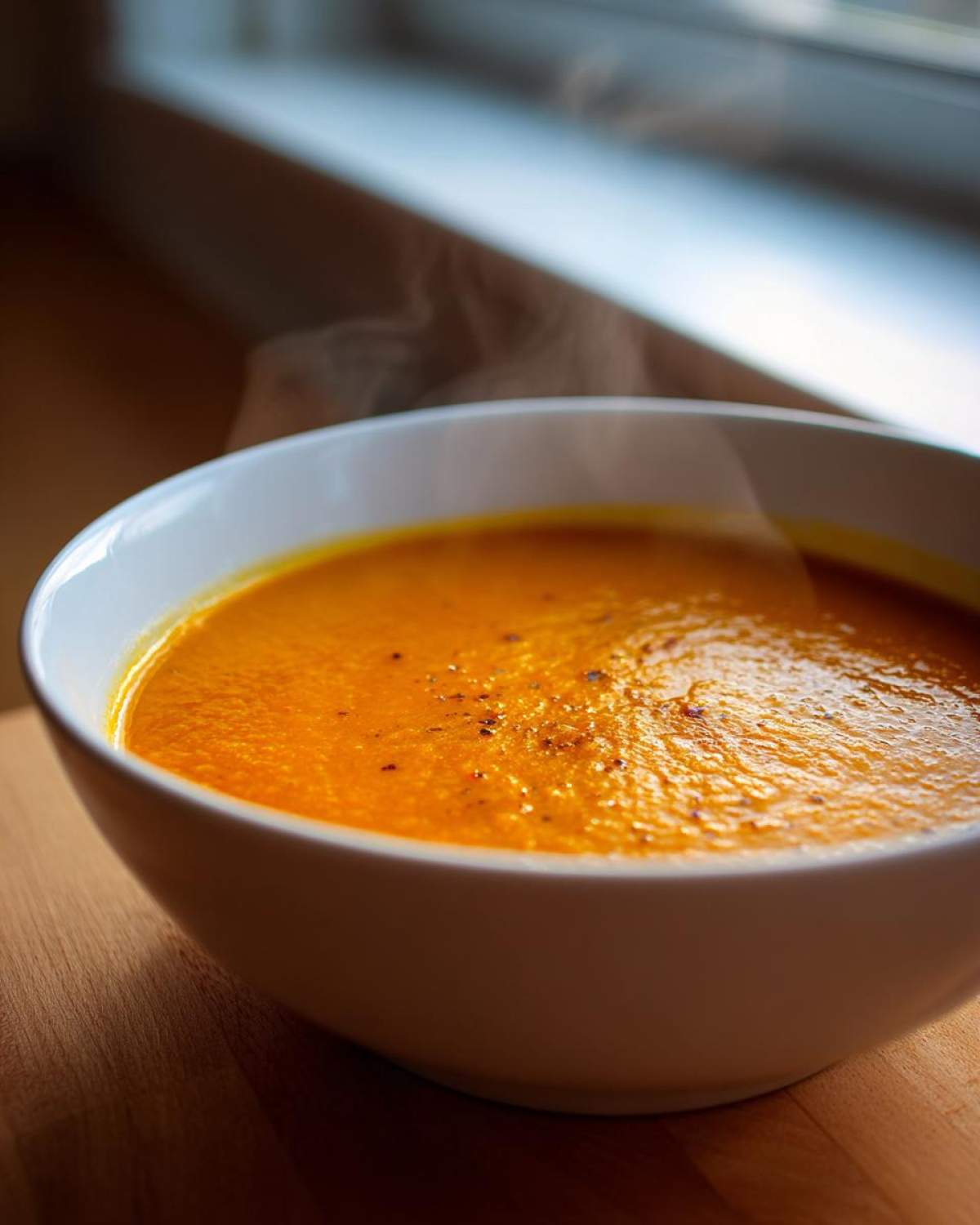 Close-up of a steaming white bowl filled with vibrant orange carrot ginger soup, set on a wooden surface.