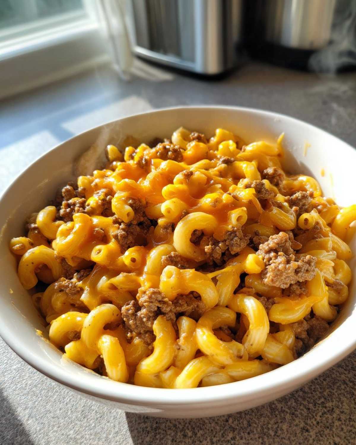 Close-up of a steaming white bowl filled with creamy cheeseburger pasta, featuring elbow macaroni, ground beef, and melted cheddar cheese.