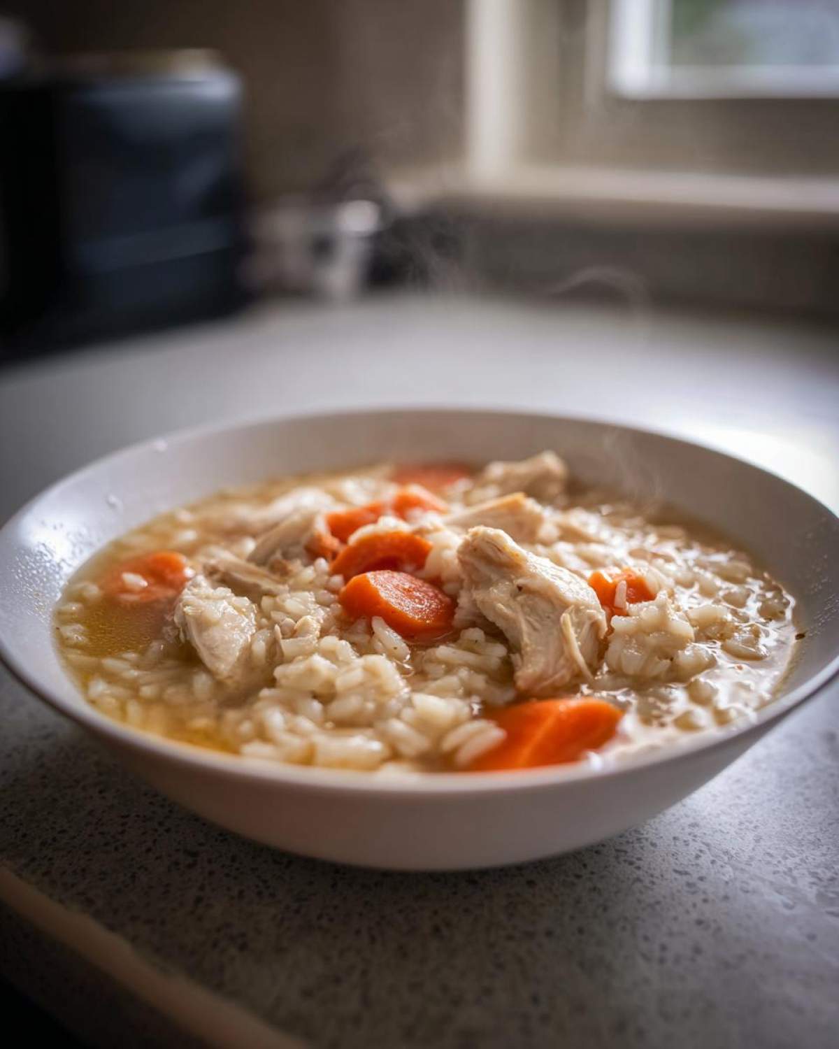 Close-up of a steaming white bowl filled with hearty chicken and rice soup, featuring shredded chicken and bright orange carrots.