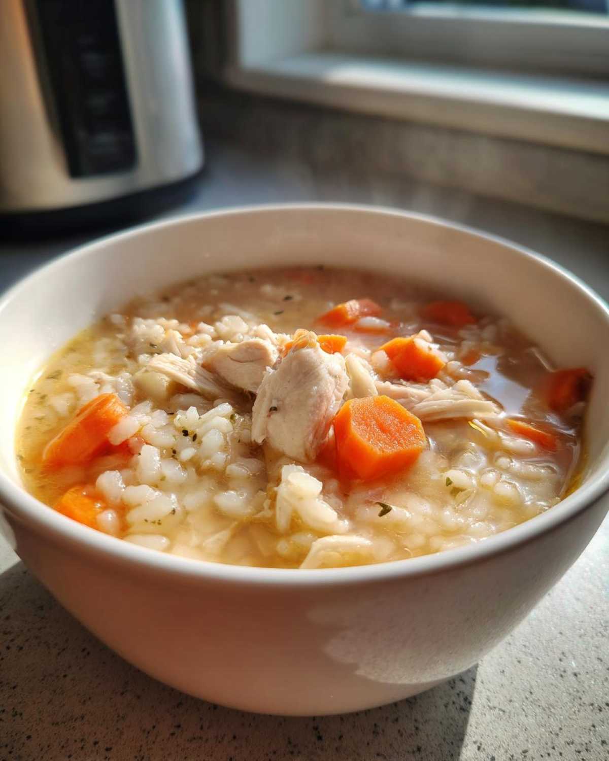 Close-up of a steaming white bowl filled with hearty chicken and rice soup, featuring visible chunks of chicken and bright orange carrots.