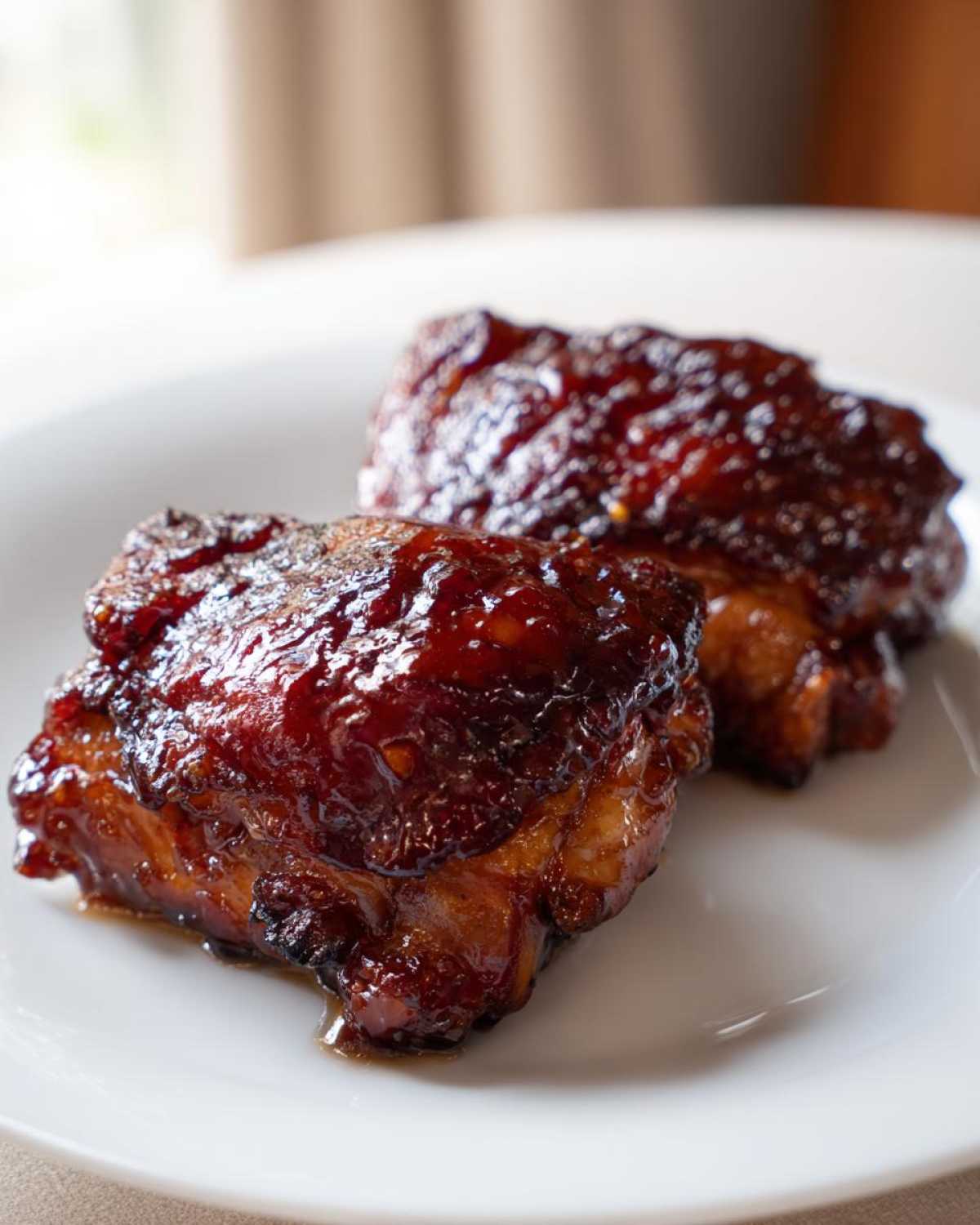 Close-up of two glistening Sticky Teriyaki Chicken Thighs coated in a thick, dark glaze on a white plate.
