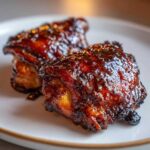 Two pieces of perfectly cooked Sticky Teriyaki Chicken Thighs covered in a thick, dark, glossy glaze on a white plate.