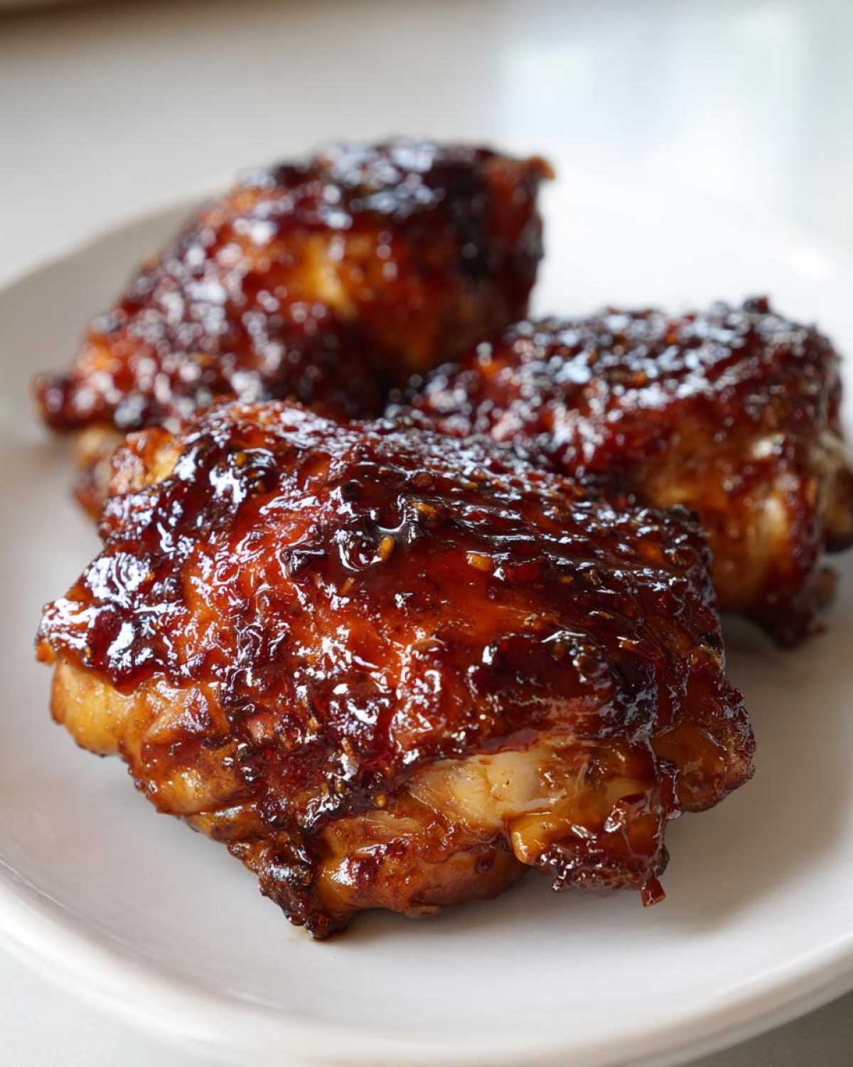 Three pieces of perfectly cooked Sticky Teriyaki Chicken Thighs coated in a thick, glossy, dark glaze.