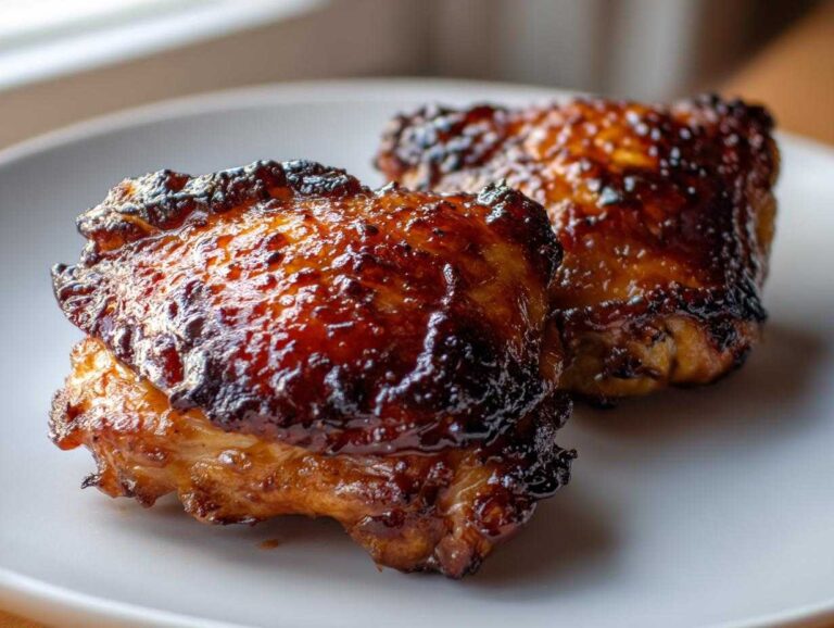 Two pieces of perfectly cooked Sticky Teriyaki Chicken Thighs with a dark, glossy glaze on a white plate.
