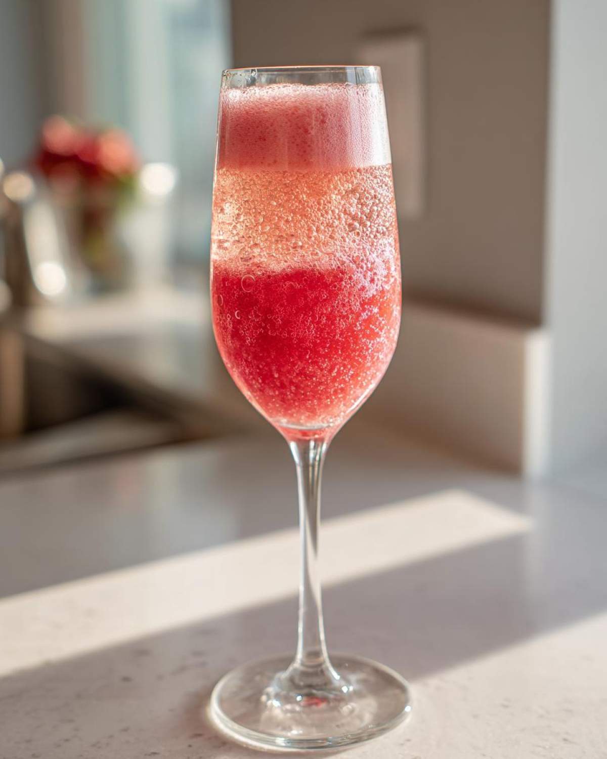 A tall flute glass filled with a vibrant, layered Strawberry Bellini Brunch Drink, showing bright red puree at the bottom and sparkling pink foam on top.