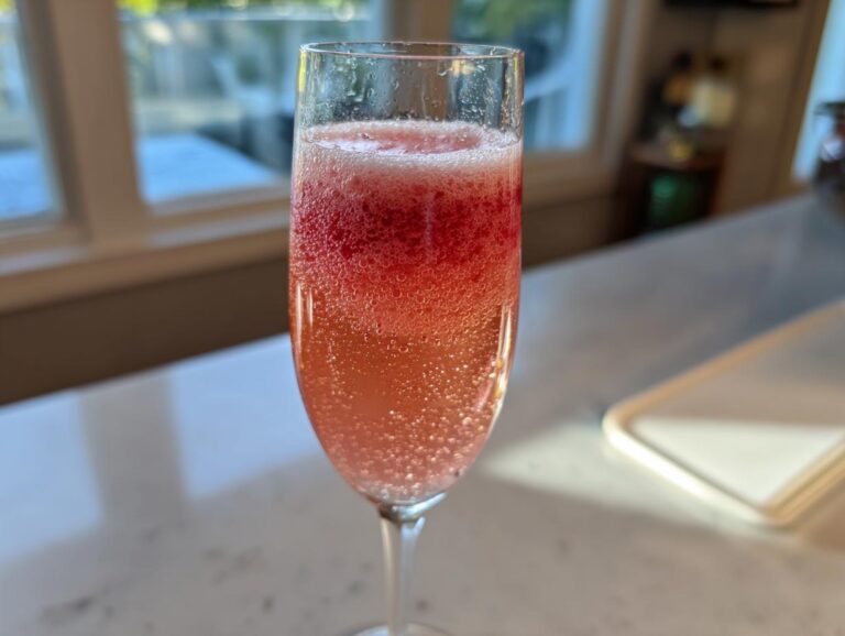 Close-up of a bubbly Strawberry Bellini Brunch Drink layered with red puree in a champagne flute.