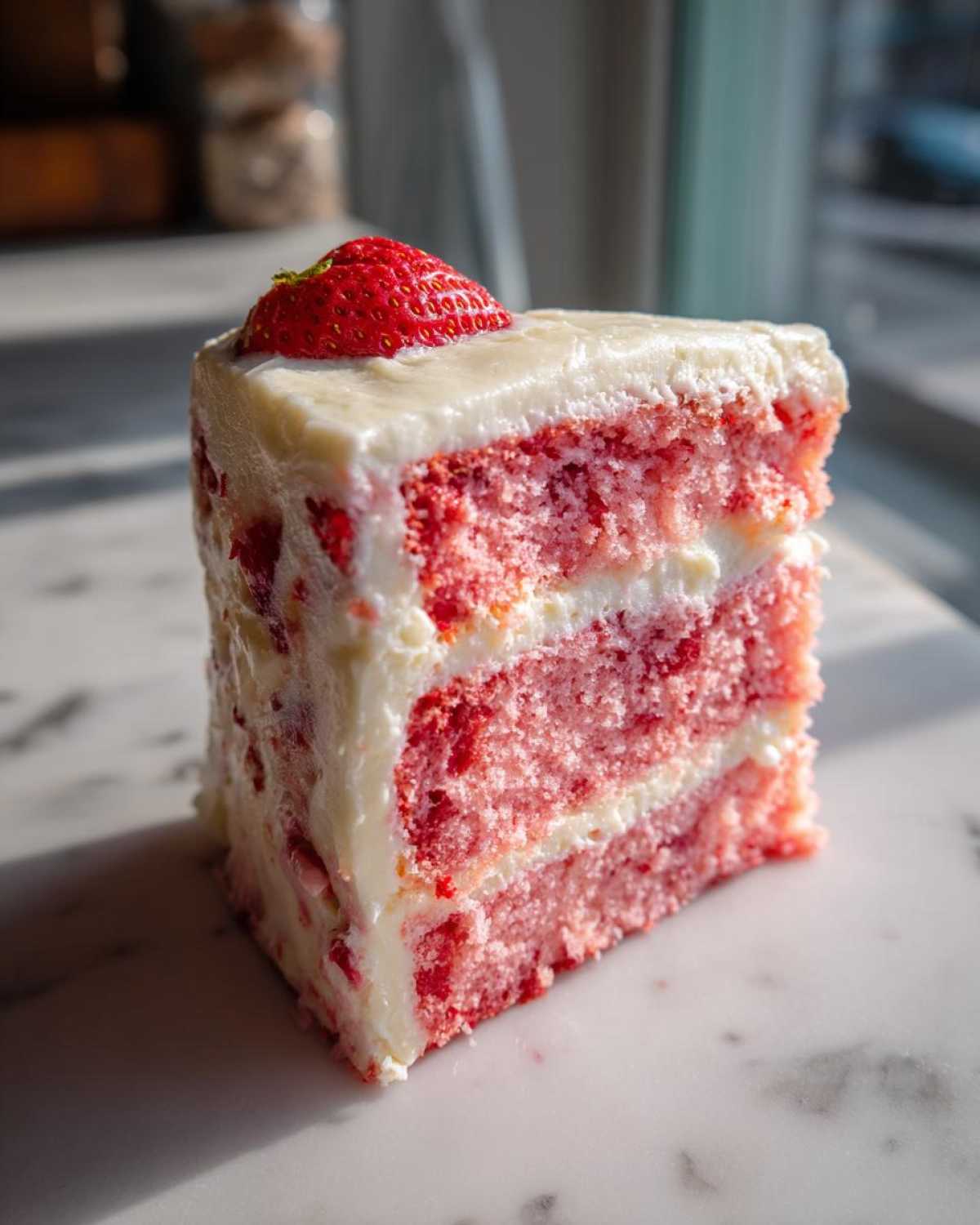 A tall slice of pink strawberry cake layered with white frosting, topped with a fresh strawberry.