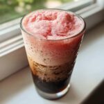 Close-up of a tall glass containing Strawberry Cold Foam Cold Brew, showing dark coffee below pink foam.