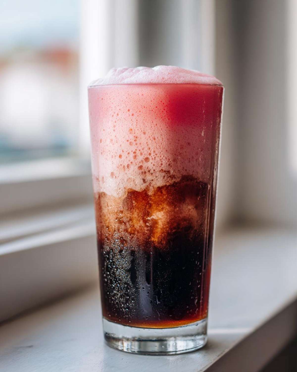 A tall glass showing the layers of a cold brew topped with pink Strawberry Cold Foam Cold Brew.