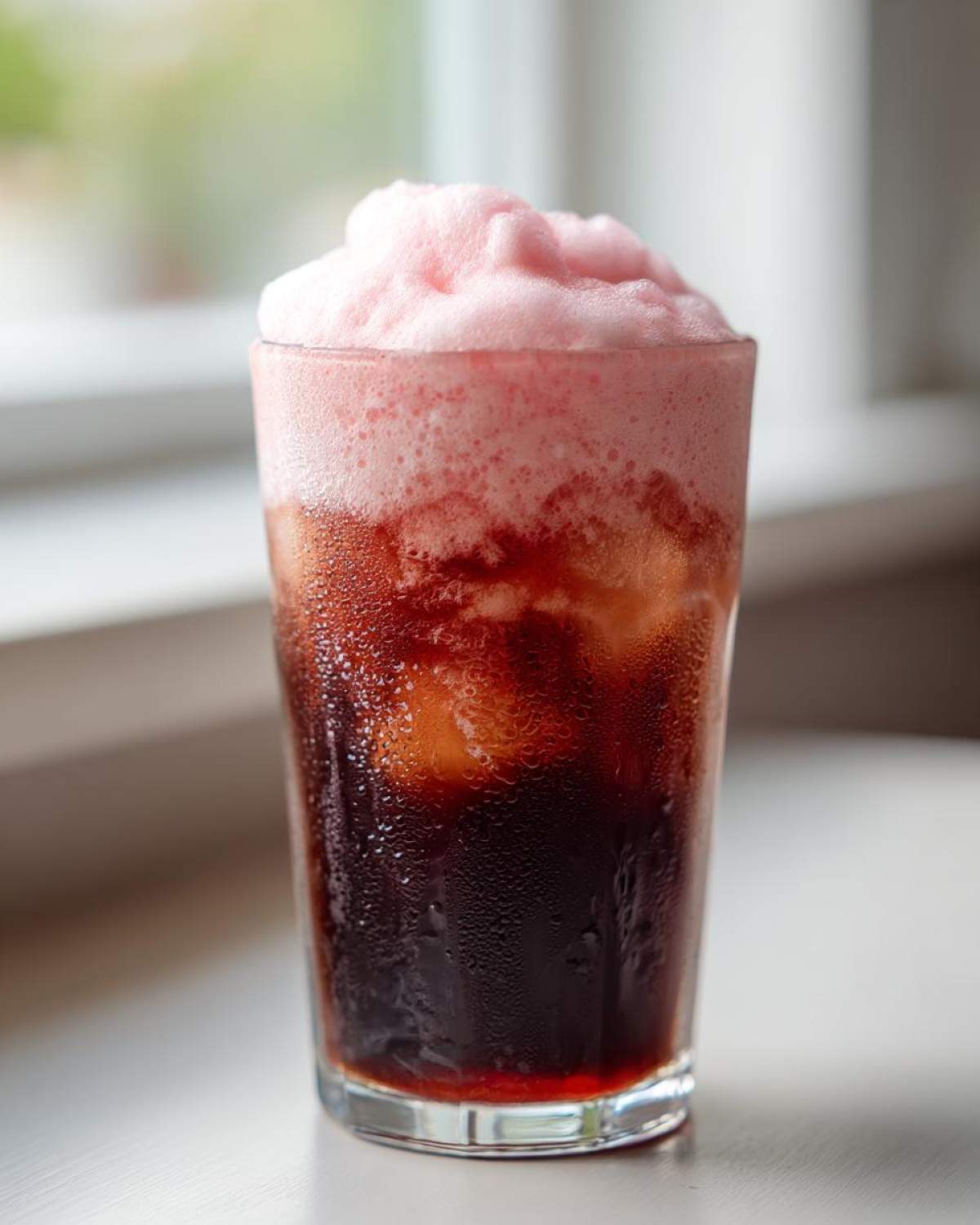 A tall glass of iced cold brew topped with fluffy pink strawberry cold foam.