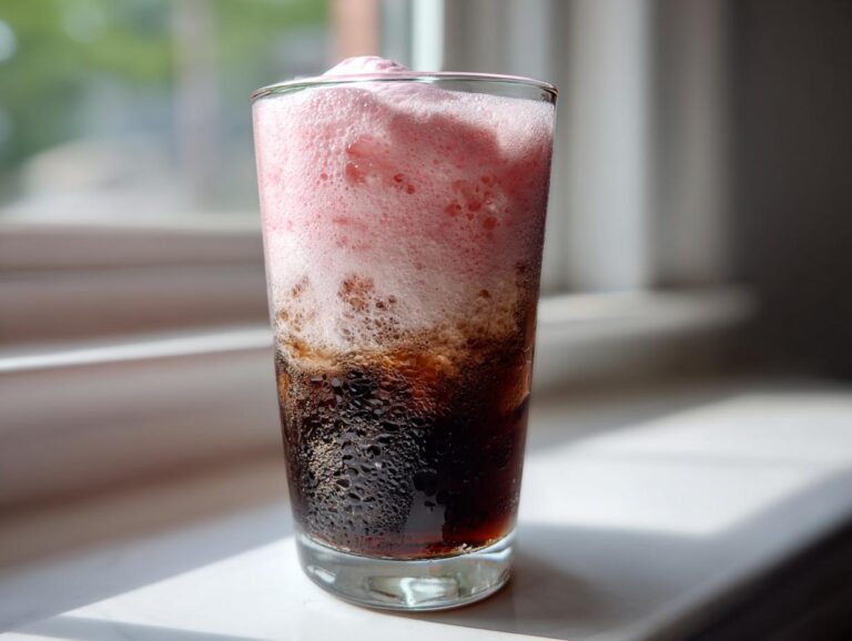 A tall glass of cold brew coffee topped with thick, pink strawberry cold foam, condensation visible on the glass.