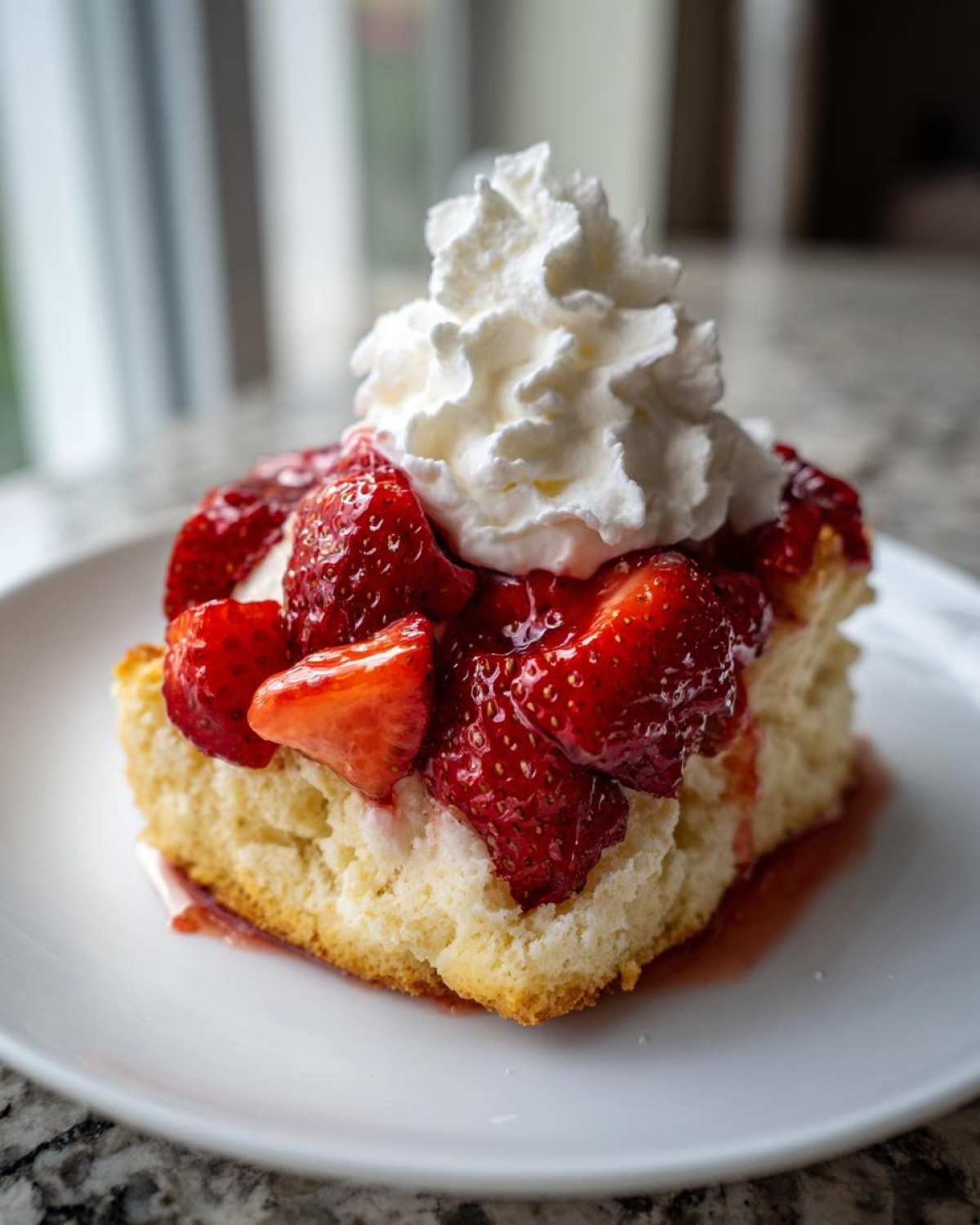 A close-up of a delicious slice of shortcake topped with macerated strawberries and a dollop of whipped cream.
