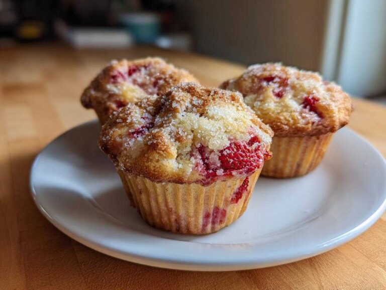 Amazing 180-Calorie Strawberry Yogurt Muffins Three freshly baked Strawberry Yogurt Muffins topped with coarse sugar, served on a small white plate.