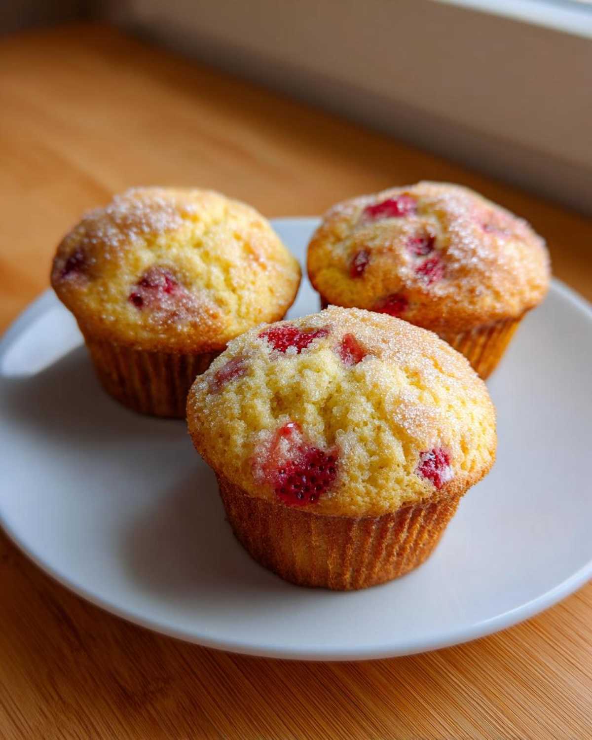 Three golden Strawberry Yogurt Muffins topped with sparkling sugar, resting on a white plate.