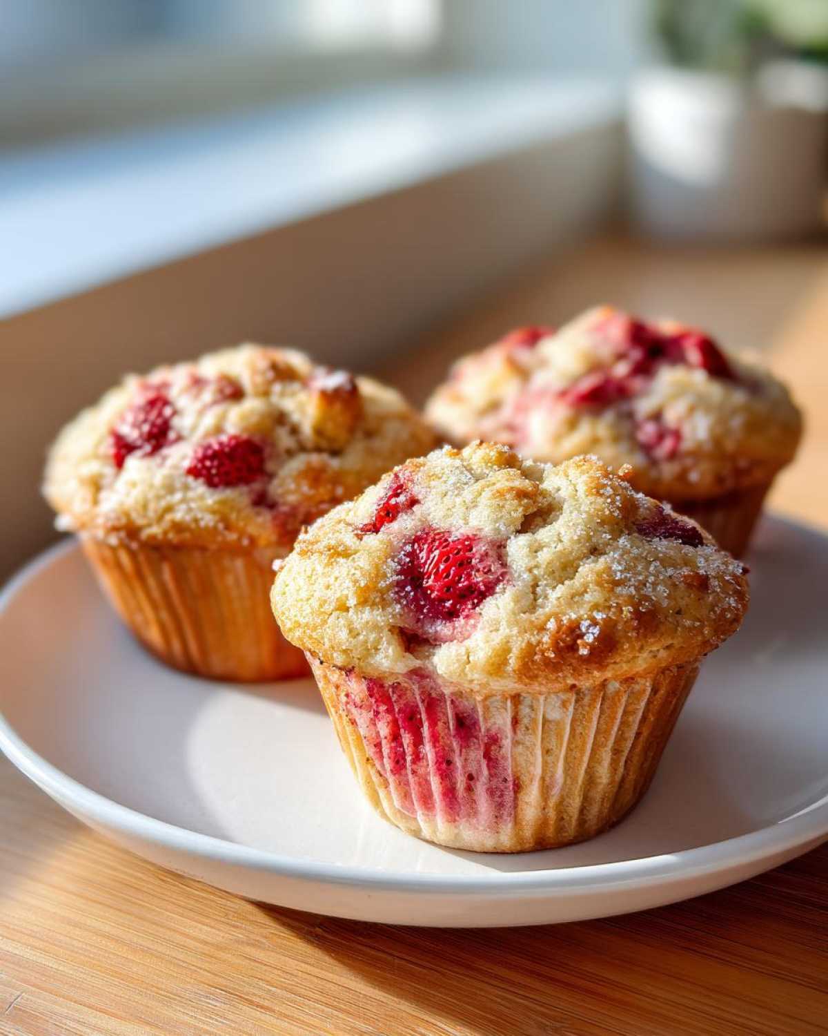 Three freshly baked Strawberry Yogurt Muffins with a visible sugar topping, sitting on a white plate.