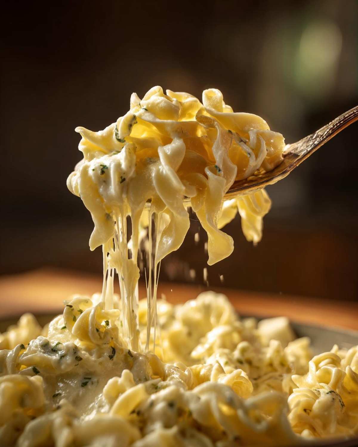A fork lifting pasta coated in creamy cottage cheese alfredo sauce, showing cheese pull.