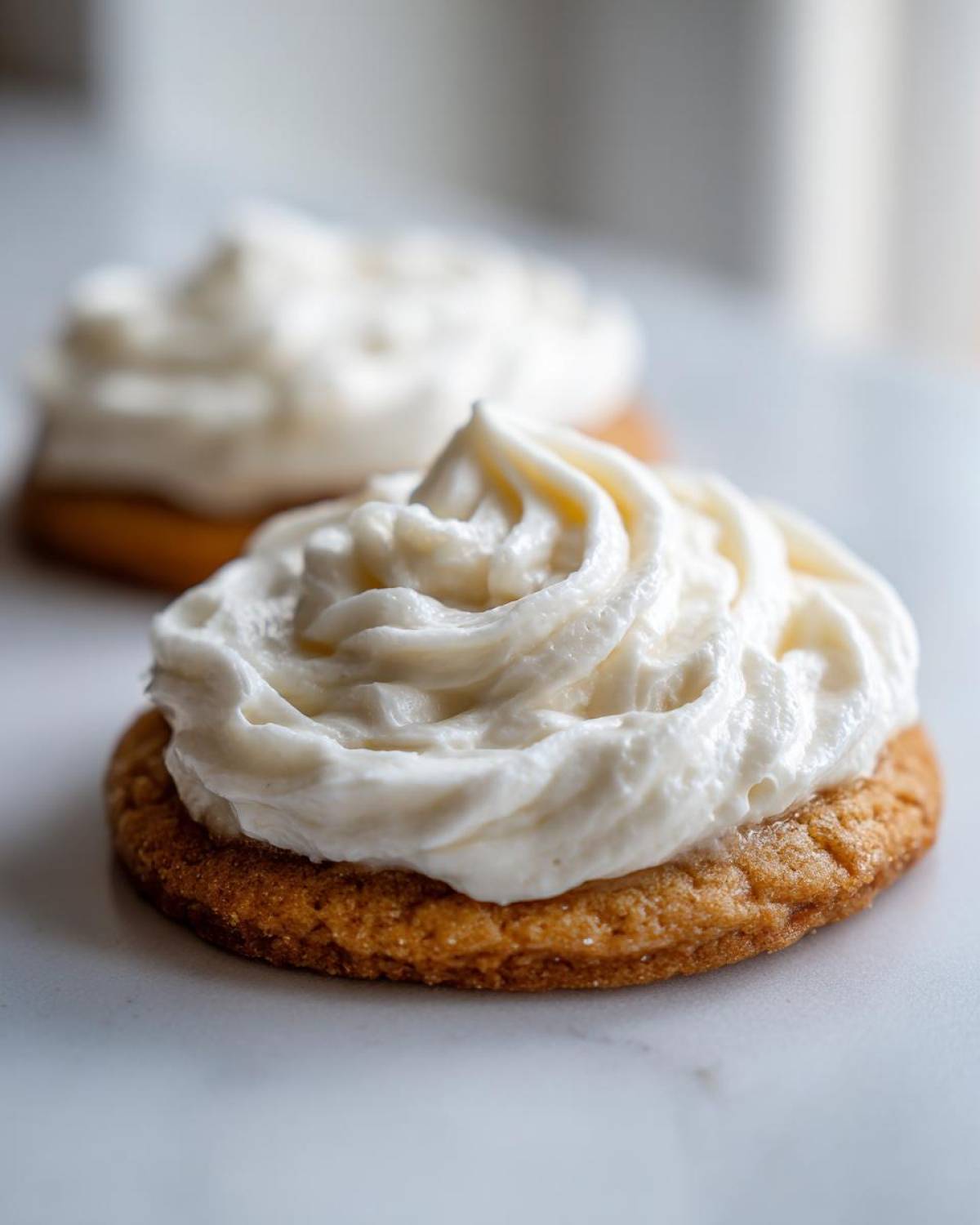 Close-up of a baked sugar cookie topped with a thick swirl of white sugar cookie icing.
