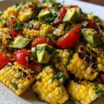 Close-up of Summer Corn Salad with Avocado, featuring charred corn kernels, bright red tomatoes, and green avocado chunks.