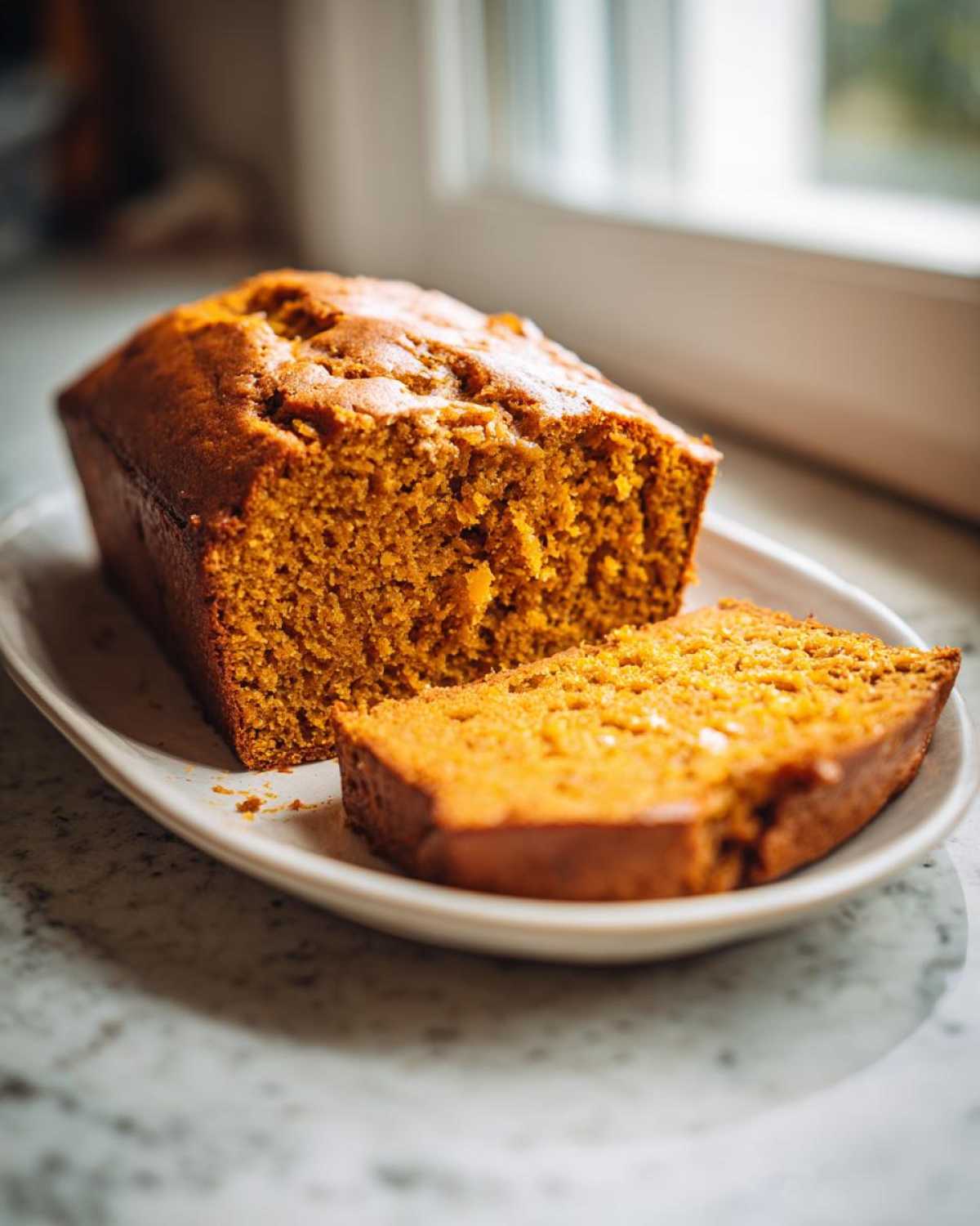 A close-up of a freshly baked, moist pumpkin bread loaf with one slice cut and resting beside it.