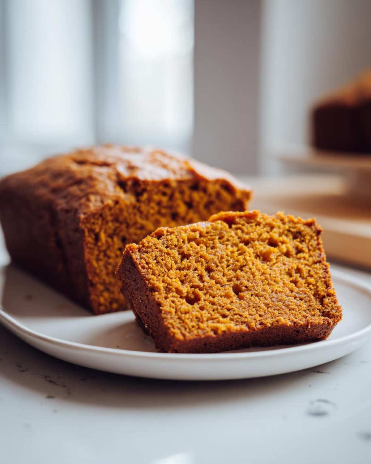 Close-up of a thick slice of moist pumpkin bread next to the loaf on a white plate.