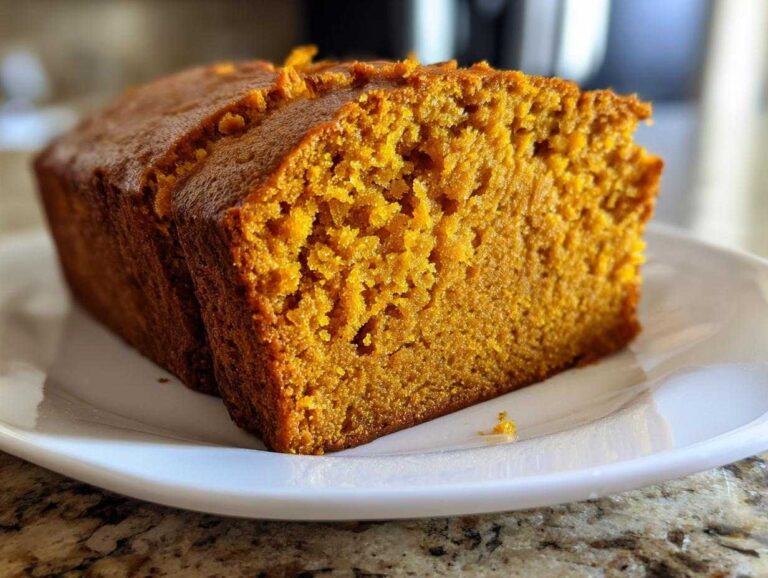 Close-up of two thick slices of moist, orange-colored pumpkin bread resting on a white plate.