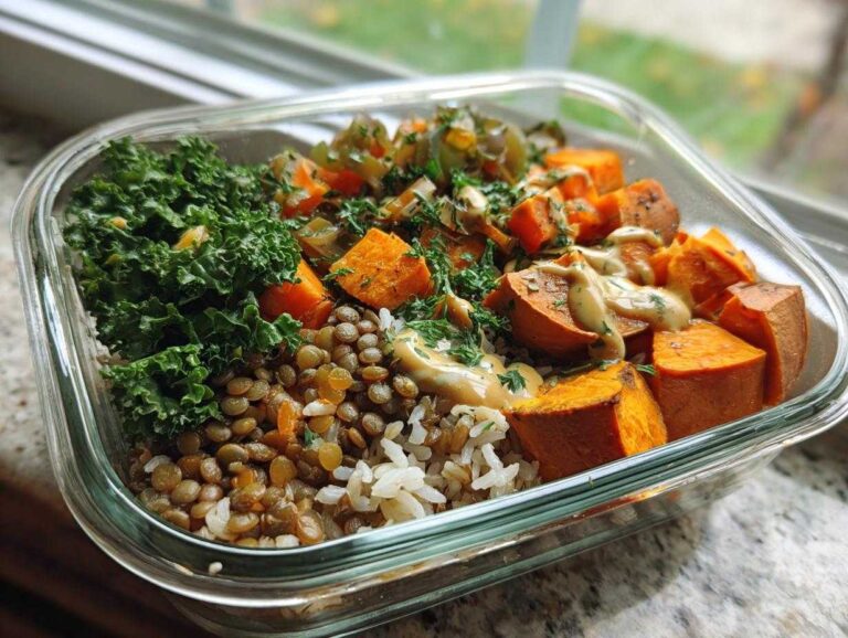 A glass container holding a healthy meal prep bowl with lentils, brown rice, roasted sweet potatoes, kale, and a creamy dressing, perfect for a Sustainable Grocery List Meal Prep.