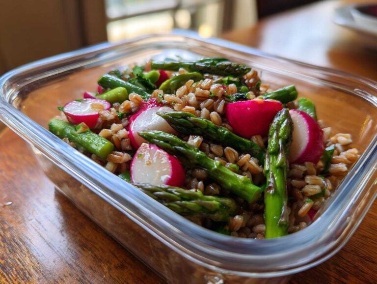 Close-up of a Sustainable Lunch Box Spring Salad featuring grains, bright green asparagus, and sliced radishes in a glass container.