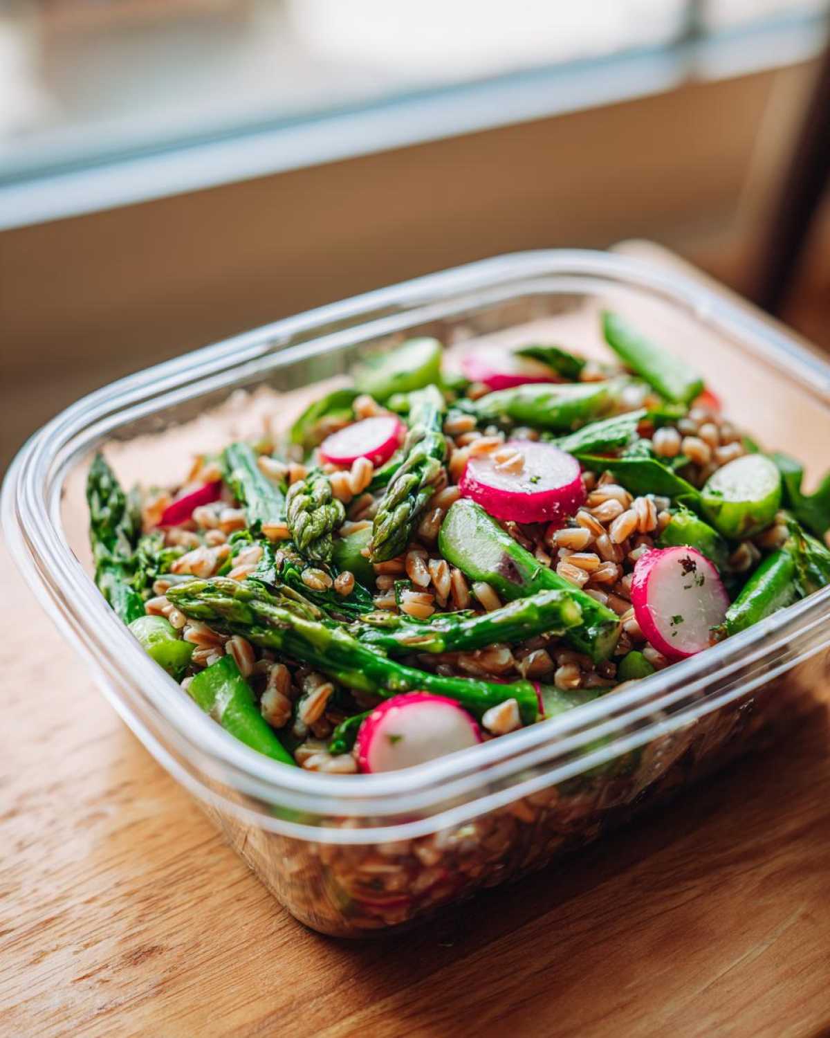 Close-up of a Sustainable Lunch Box Spring Salad featuring grains, bright green asparagus, and sliced radishes.