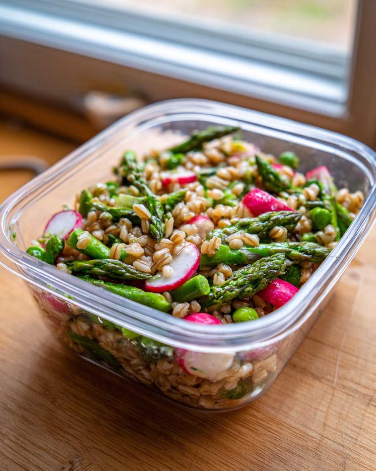 Close-up of a Sustainable Lunch Box Spring Salad with grains, asparagus, and radishes in a clear plastic container.