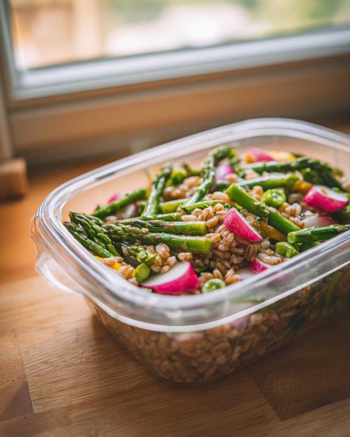 Close-up of a Sustainable Lunch Box Spring Salad featuring grains, bright green asparagus, and pink radish slices.