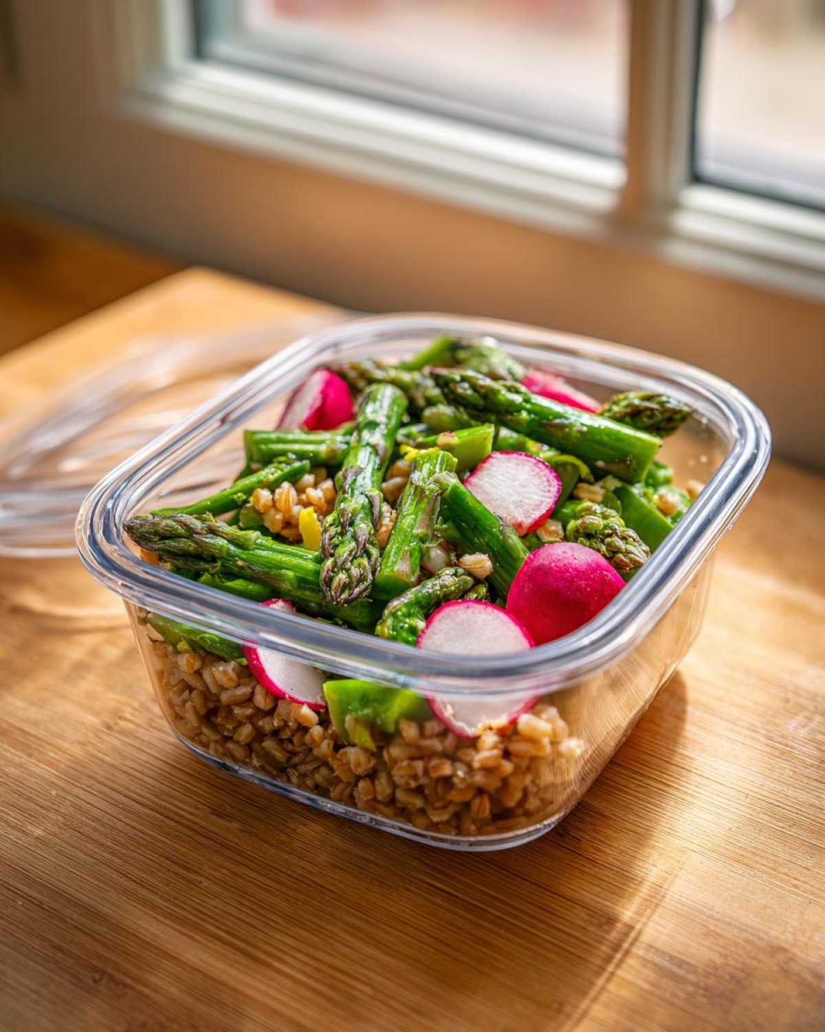 Close-up of a Sustainable Lunch Box Spring Salad featuring grains, bright green asparagus, and sliced radishes.