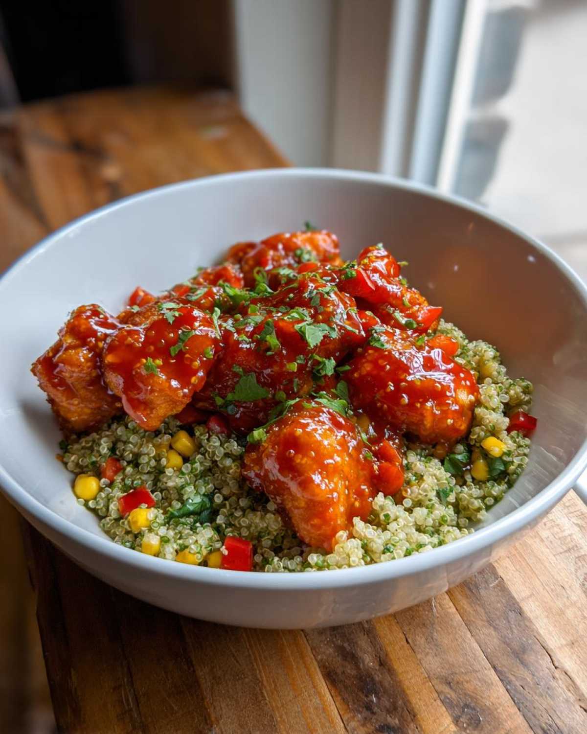 A white bowl filled with Sweet and Spicy Chicken Quinoa, featuring glazed chicken pieces over seasoned quinoa with corn and peppers.