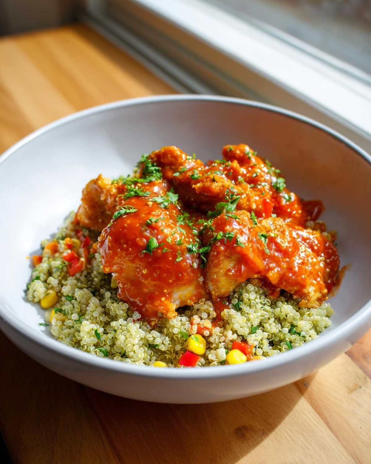 A white bowl filled with Sweet and Spicy Chicken Quinoa, featuring saucy chicken pieces over mixed quinoa and vegetables.