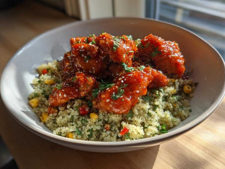 A bowl of Sweet and Spicy Chicken Quinoa topped with glazed chicken pieces, sesame seeds, and fresh herbs.