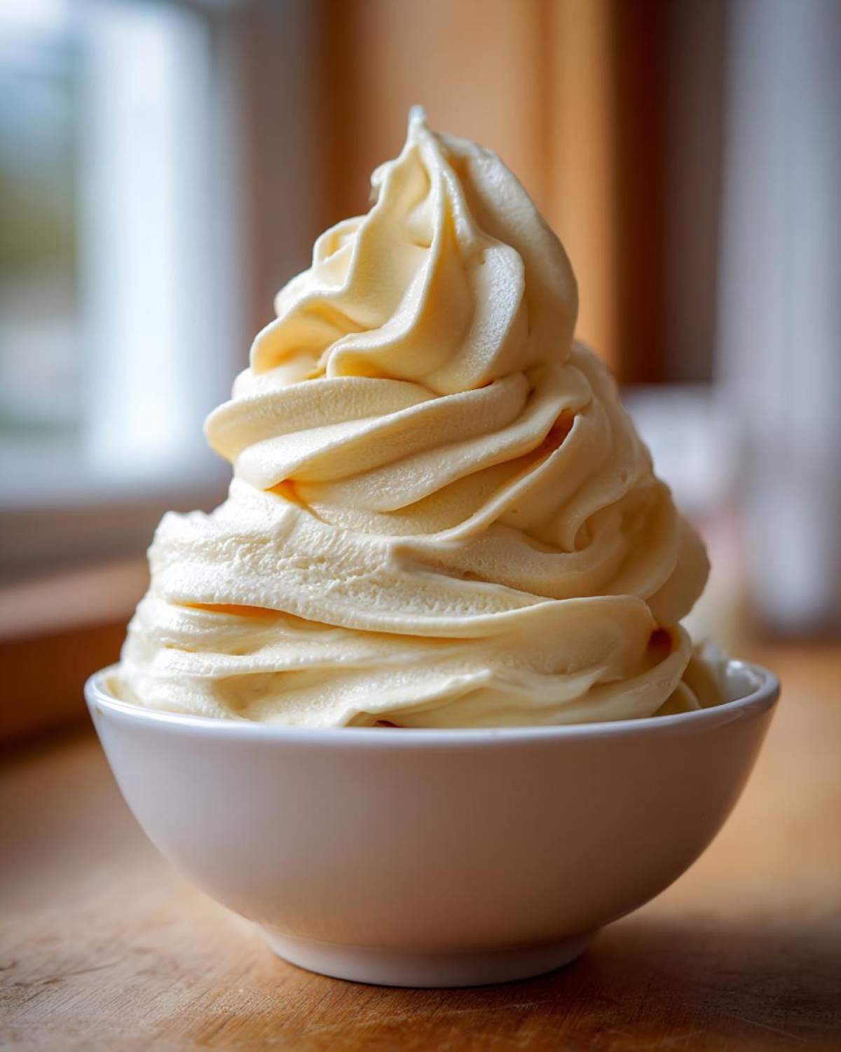A tall, perfect swirl of creamy, pale yellow banana ice cream served in a small white bowl.