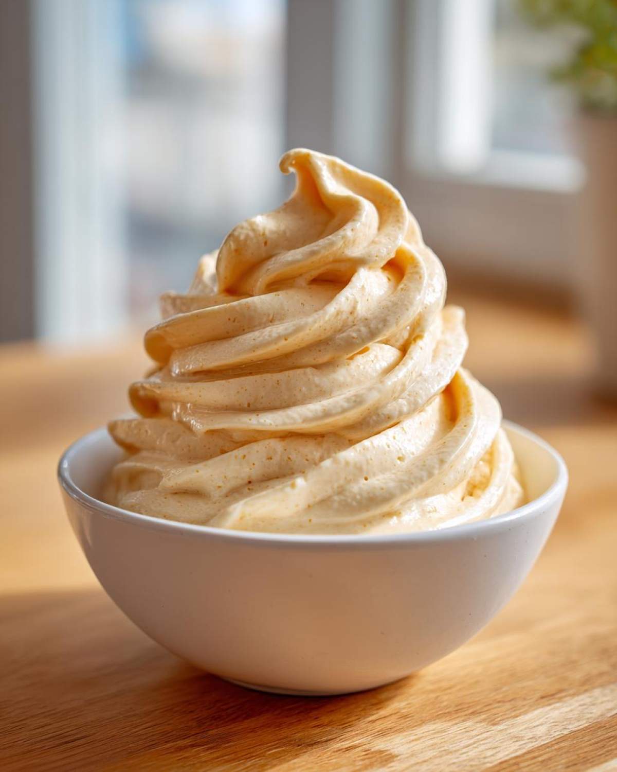 A perfect swirl of creamy, light brown banana ice cream served in a small white bowl.