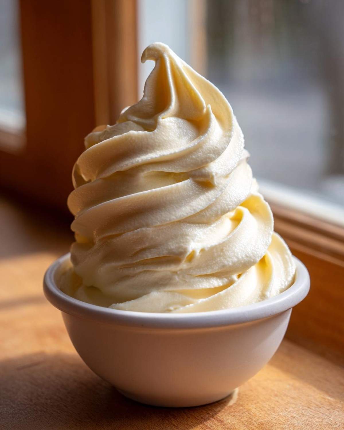 A tall, creamy swirl of homemade banana ice cream served in a small white bowl.