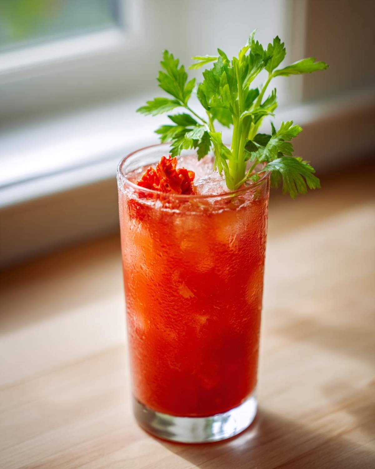 A tall glass of vibrant red Kimchi Cocktails Recipe, garnished with celery and red kimchi pieces.