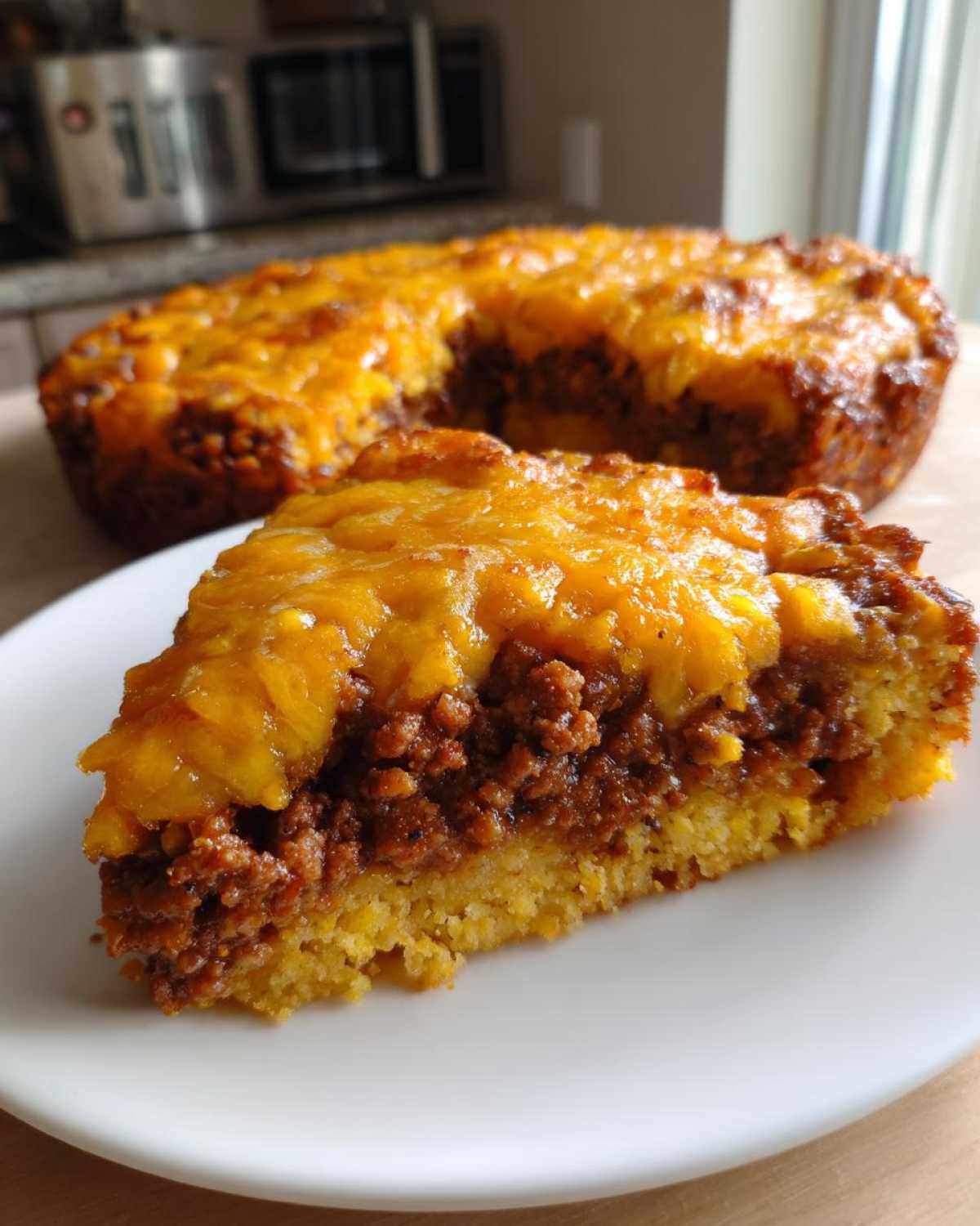 A close-up slice of tamale pie showing a cornbread base, seasoned ground meat filling, and melted cheddar cheese topping.