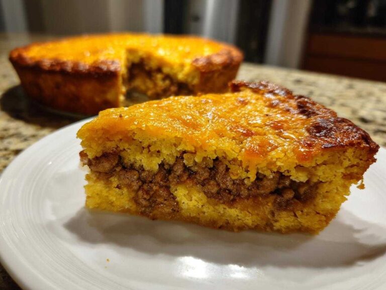 A close-up slice of savory tamale pie featuring a thick layer of seasoned ground meat between two layers of golden cornbread.