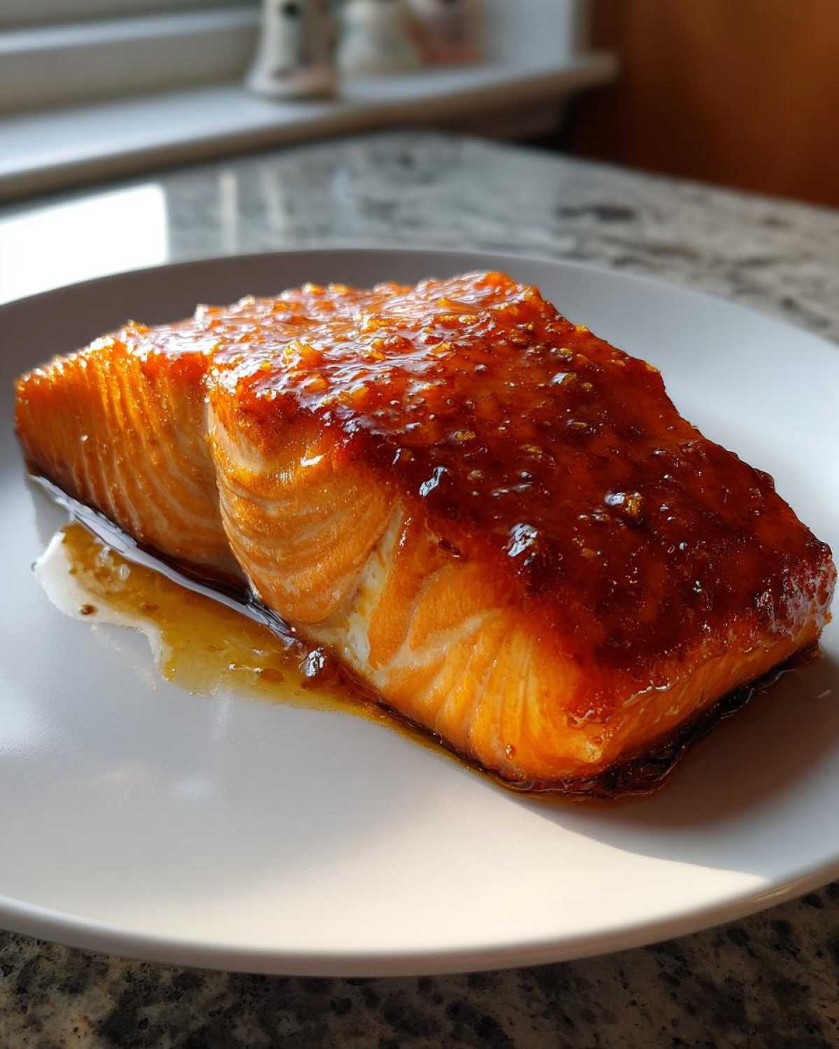 A perfectly cooked fillet of Texas Roadhouse Salmon covered in a thick, shiny, sweet glaze, resting on a white plate.