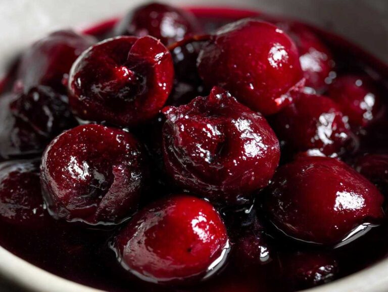 Macro shot of glossy, dark red cherries in thick cherry pie filling, showcasing the rich color and texture.
