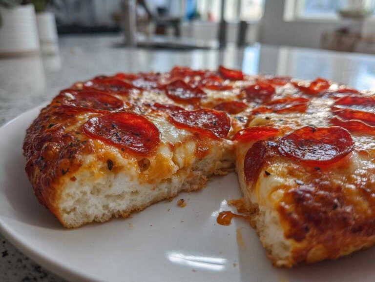 Close-up of a thick-crust pepperoni pizza, likely a cottage cheese pizza bowl, with a slice removed showing the fluffy base.